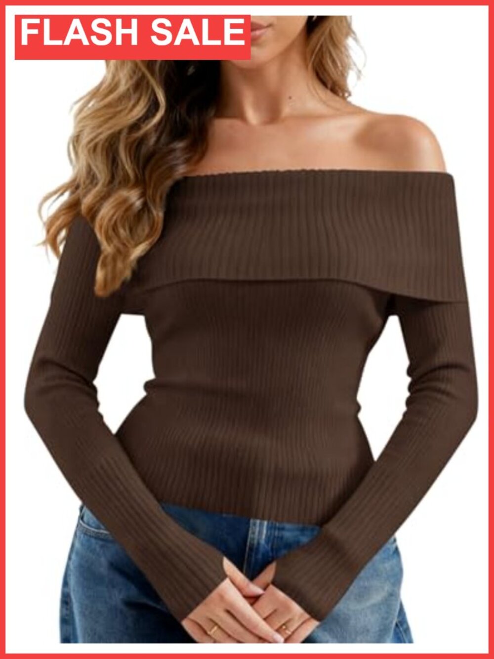 Off Shoulder Ribbed Knit Sweater Long Sleeve Thumbhole Pullover Slim Fit